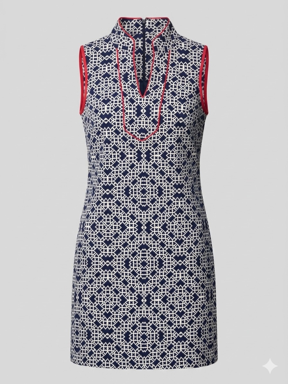 Jessica Navy Tile-Print Sleeveless Dress with Pink Trim - Picture 3 of 11